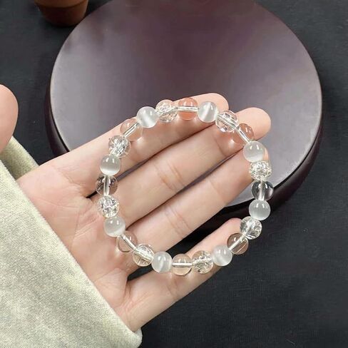 Anxiety Bracelets for Women Men White Crystal Cat's Eye Natural Stone Handmade Gemstones Crystal Elastic Adjustable Yoga Beads Bracelet Spiritual Jewelry Gifts in Saudi Arabia
