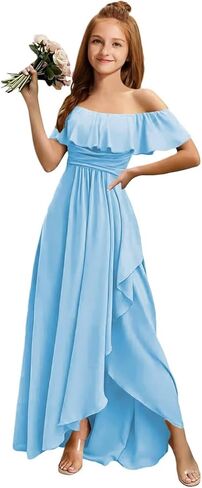 MRHUSH Junior Bridesmaid Dresses Off The Shoulder Flower Girl Dress Chiffon Ruffle A-Line Wedding Party Guest Gowns with Slit in Kuwait
