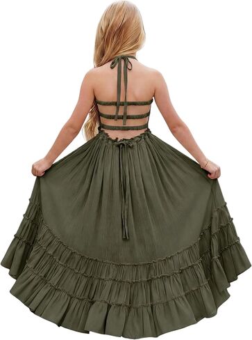 Boho Girls Dress Backless Halter Smocked Ruffle Flower Girl Dress Beach Wedding Girls Holiday Photoshoot in Saudi Arabia