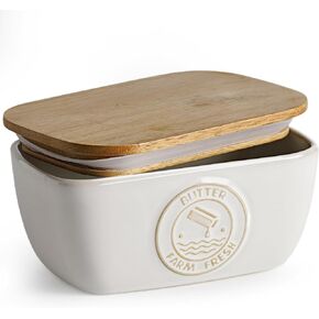 طبق زبدة سيراميك من Getstar مع غطاء أكاسيا لسطح الطاولة، وختم السيليكون، وديكور طاولة مطبخ المزرعة، وحاوية كبيرة لحفظ الزبدة (6.5 بوصة × 4 بوصة) in Kuwait