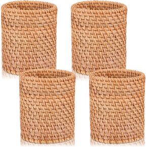 4 Pack Rattan Pencil Holder, Handmade Wicker Pen Holder Boho Desk Accessories Multi-Functional Woven Basket Pen Cup Holder for Office Home Desktop Kitchen Utensil Cutlery, Cylinder in Kuwait