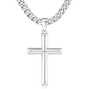 925 Sterling Silver Cross Necklace for Men Women 5mm Stainless Steel Diamond Cut Durable Cuban Link Curb Chain 18K White Gold Plated Beveled Edge Crucifix Pendant Necklace Jewelry 18-30 Inches in Kuwait
