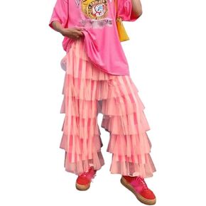 سراويل نسائية من التول مكشكشة ذات طبقات كاجوال، سراويل مرنة شبكية مطبوعة مخططة لملابس الشارع اليومية in Kuwait