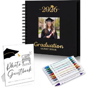 12 Pcs 2026 Graduation Guest Book with Photo Sign Decor 80 Pages Class of 2026 Scrapbook Photo Album with 10 DIY Dual Tip Metallic Markers Pens Gift, Exclude Camere(Graduation Cap,Black,10.4 Inches) in Kuwait