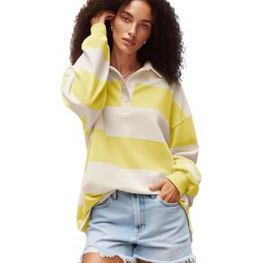 سويت شيرت بولو مخطط للنساء مقاس كبير وأكمام طويلة وياقة على شكل V، بلوفر، قمصان الرجبي العصرية in Kuwait