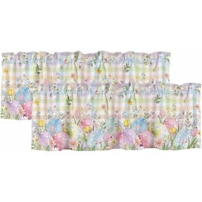 Colorful Easter Valances for Windows, Easter Eggs Decorative Rod Pocket Window Valance Curtains, Botanical Spring Floral Checkered Short Curtain Drapes for Kitchen/Bathroom, 2 Panels, 54" W x 18" L in Saudi Arabia