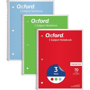 Oxford 1-Subject Notebooks, Notebooks for School, 8 x 10.5 Inches, College Rule, 70 Sheets, Assorted Primary Colors, 3 Pack, Colors May Vary (1006792) in Kuwait