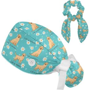 Scrub Caps Women, Surgical Cap with Buttons, Ponytail Nurse Hat, Bouffant Scrub Hat with Hair Scrunchy Adjustable, Dog Golden Retriever Cartoon Animal Cute Turquoise Summer Daisy Floral in Kuwait