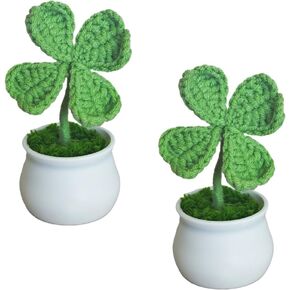 Handmade Crochet Four Leaf Clover Potted Plants 2 Pieces Knitted Lucky Clover Artificial Plant for St. Patricks Day Car Dashboard Decor Office Desk Decorations,Green Style A in Saudi Arabia