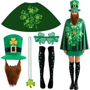 Adult St. Patrick's Day Costume Set - Green Leprechaun Hat with Beard, Shamrock Cloak, Printed Socks, Shamrock Necklace & Glasses - Perfect for Irish Parade, Bar Crawl & Festival Party in Kuwait