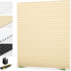 MiLin Cordless Pleated Window Shades No Drill Adjustable Bottom, Temporary Fabric Pleated Blinds for Indoor Windows with Tools Cut Size Stick On Blinds Home (Light Filtering Beige, 30"W x 63"H),1 Pack in Kuwait