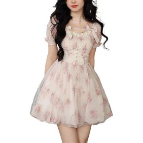 Cute Fairy Dress Elegant Pink Kawaii Sweet Dresses Female Puff Sleeve French Vintage Party Mini Dress (Color : Flower Dress, Size : Medium) in Saudi Arabia