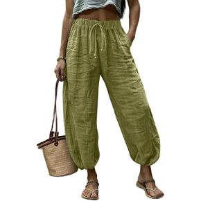 Womens Linen Harem Pants Baggy Elastic Waist Drawstring Pants Casual Loose Lightweight Trouser Comfy Capris Pockets in Kuwait