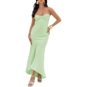 فستان صيفي من الساتان بدون حمالات ميدي للنساء 2025 رسمي مكشكش بدون ظهر لحفلات الزفاف فساتين طويلة حكيم in Kuwait