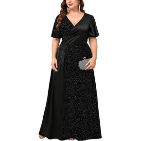 Plus Size Sparkly Formal Dress Satin Splice Glitter V-Neck Wrap Ruffle Sleeve A-line Maxi Dress Prom Evening Gowns in Kuwait