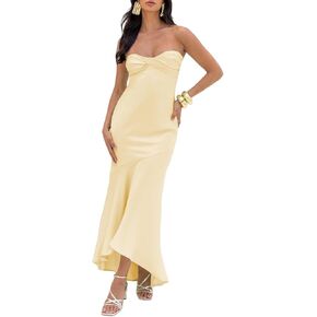 فستان صيفي من الساتان بدون حمالات ميدي للنساء 2025 رسمي مكشكش بدون ظهر لحفلات الزفاف فساتين طويلة صفراء in Kuwait