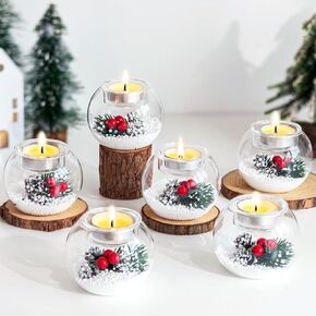Hewory Christmas Tealight Candle Holders: Glass Tea Light Candle Holder Set of 6, Ball Candl Holders with Red Berry and Pinecone, Christmas Table Decorations for Dinner Holiday Party Fireplace Mantle in Kuwait