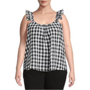 قميص بدون أكمام أسود Soot Gingham مقاس كبير بحزام كشكش - 3X in Kuwait