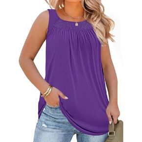 Beautife Women Plus Size Sleeveless Tank Tops Loose Fit Smocked Crew Neck Summer Casual Curved Hem Tunic Tees in Kuwait
