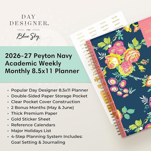 Blue Sky Day Designer 2026-2027 تقويم مخطط السنة الأكاديمية الأسبوعية والشهرية، يوليو 2026 - يونيو 2027، 8.5 بوصة × 11 بوصة، غطاء جيب شفاف، علامات تبويب مغلفة، جيب تخزين، يتضمن ملصقات، Peyton Navy in Saudi Arabia