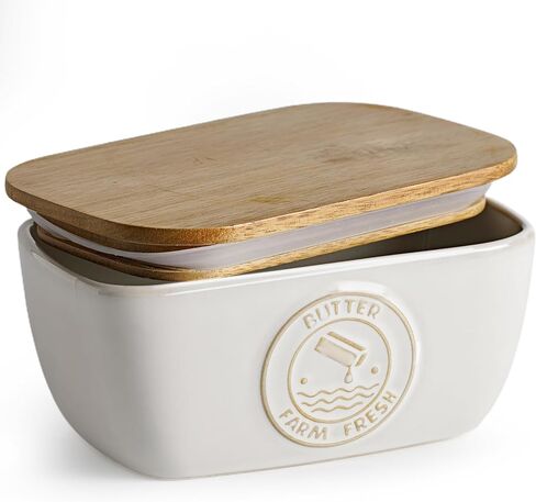 Getstar Ceramic Butter Dish with Acacia Lid for Countertop, Silicone Sealing, Farmhouse Kitchen Counter Decor, Large Butter Keeper Container (6.5"x4") in Kuwait