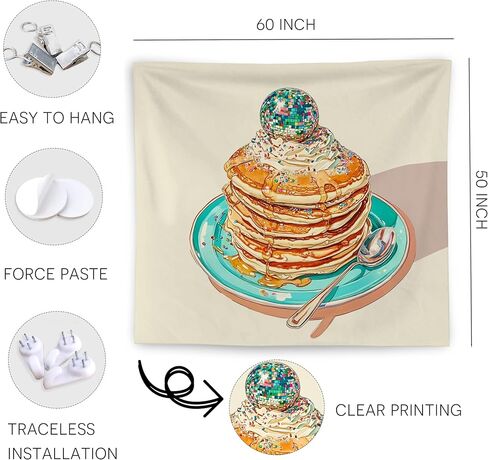 WNAGT Retro Trendy Disco Pancakes Tapestry Wall Hanging, Whimsical Sparkly Disco Ball Sprinkles Pancakes Wall Blanket Decor for Home Kitchen Dining Room Cafe Bar, 50x60 Inch in Kuwait