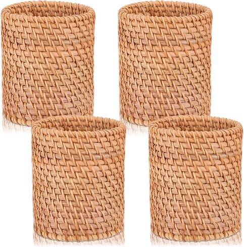4 Pack Rattan Pencil Holder, Handmade Wicker Pen Holder Boho Desk Accessories Multi-Functional Woven Basket Pen Cup Holder for Office Home Desktop Kitchen Utensil Cutlery, Cylinder in Kuwait