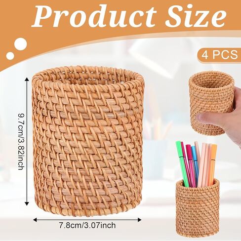 4 Pack Rattan Pencil Holder, Handmade Wicker Pen Holder Boho Desk Accessories Multi-Functional Woven Basket Pen Cup Holder for Office Home Desktop Kitchen Utensil Cutlery, Cylinder in Kuwait