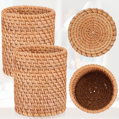 4 Pack Rattan Pencil Holder, Handmade Wicker Pen Holder Boho Desk Accessories Multi-Functional Woven Basket Pen Cup Holder for Office Home Desktop Kitchen Utensil Cutlery, Cylinder in Kuwait