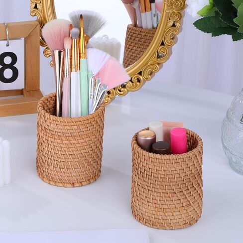 4 Pack Rattan Pencil Holder, Handmade Wicker Pen Holder Boho Desk Accessories Multi-Functional Woven Basket Pen Cup Holder for Office Home Desktop Kitchen Utensil Cutlery, Cylinder in Kuwait