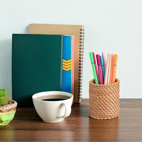 4 Pack Rattan Pencil Holder, Handmade Wicker Pen Holder Boho Desk Accessories Multi-Functional Woven Basket Pen Cup Holder for Office Home Desktop Kitchen Utensil Cutlery, Cylinder in Kuwait