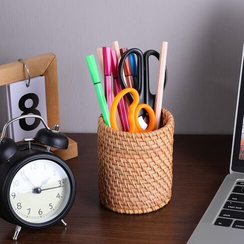 4 Pack Rattan Pencil Holder, Handmade Wicker Pen Holder Boho Desk Accessories Multi-Functional Woven Basket Pen Cup Holder for Office Home Desktop Kitchen Utensil Cutlery, Cylinder in Kuwait
