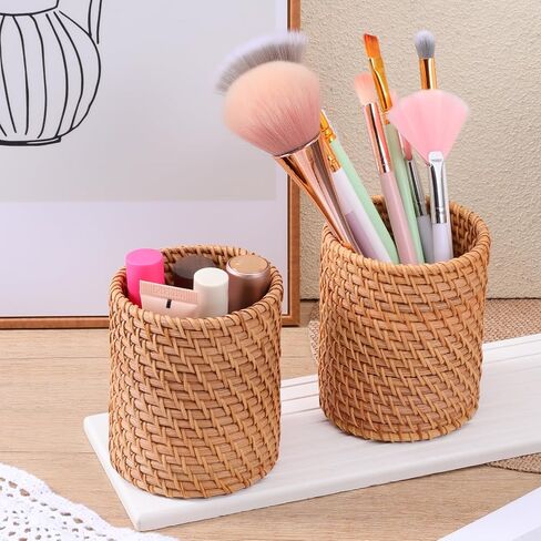 4 Pack Rattan Pencil Holder, Handmade Wicker Pen Holder Boho Desk Accessories Multi-Functional Woven Basket Pen Cup Holder for Office Home Desktop Kitchen Utensil Cutlery, Cylinder in Kuwait