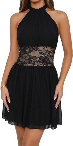 Women's Summer Sexy Halter Sleeveless Ruched Mesh Lace Patchwork Double Layer A-Line Mini Dress in Saudi Arabia
