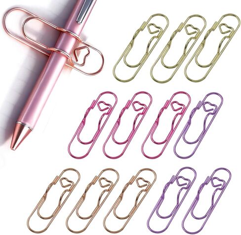 Waziaqoc 12 Pack Colorful Metal Pen Clips, Pen Holder for Notebook Heart Paper Clips, Paper Clip Pen Holder for Journal, Planner, School Office Supplies （4 Colours） in Saudi Arabia