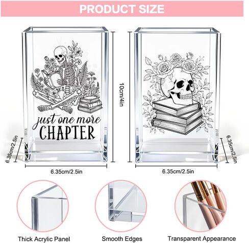Just One More Chapter Acrylic Pen Holder Cup Set 2, Funny Skull Pencil Holder Desk Organizer, Skull Office Desk Accessories, Sarcastic Book Lover Gifts for Women Men Bookworms Coworkers Teachers in Kuwait