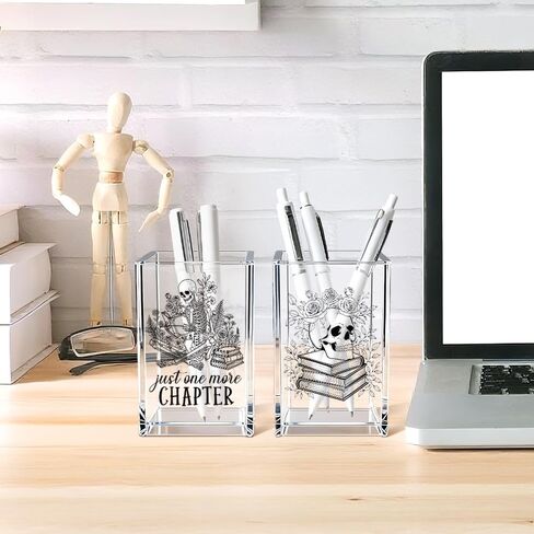 Just One More Chapter Acrylic Pen Holder Cup Set 2, Funny Skull Pencil Holder Desk Organizer, Skull Office Desk Accessories, Sarcastic Book Lover Gifts for Women Men Bookworms Coworkers Teachers in Kuwait