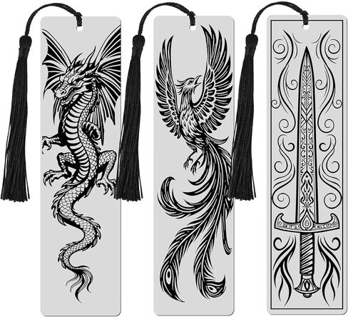 Set of 3 Stainless Steel Bookmarks 5.9 x 1.6 Inches Featuring Dragon Phoenix and Sword Fantasy Metal Bookmark Book Accessories for Men Women Friends Book Lovers Birthday Graduation Gift in Saudi Arabia