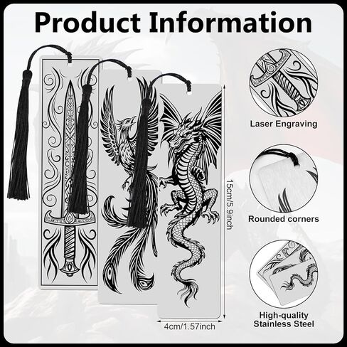 Set of 3 Stainless Steel Bookmarks 5.9 x 1.6 Inches Featuring Dragon Phoenix and Sword Fantasy Metal Bookmark Book Accessories for Men Women Friends Book Lovers Birthday Graduation Gift in Saudi Arabia