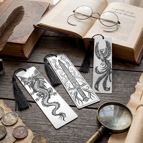 Set of 3 Stainless Steel Bookmarks 5.9 x 1.6 Inches Featuring Dragon Phoenix and Sword Fantasy Metal Bookmark Book Accessories for Men Women Friends Book Lovers Birthday Graduation Gift in Saudi Arabia