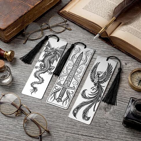Set of 3 Stainless Steel Bookmarks 5.9 x 1.6 Inches Featuring Dragon Phoenix and Sword Fantasy Metal Bookmark Book Accessories for Men Women Friends Book Lovers Birthday Graduation Gift in Saudi Arabia