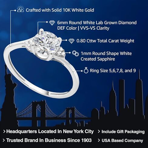 Gem Stone King 10K White Gold Lab Grown Diamond Engagement Ring For Women | 0.80 Cttw | Round 6MM | Gemstone April Birthstone | DEF Color | VVS-VS Clarity in Saudi Arabia