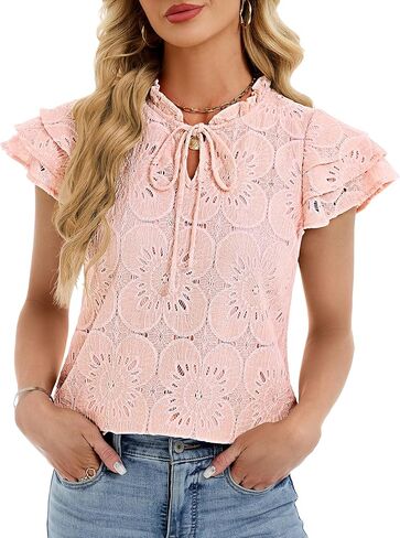 Funlingo Womens Summer Eyelet Tops Dressy Casual Ruffle Cap Sleeve Blouses Hollow Out Crochet Lace Embroidered Shirts in Kuwait