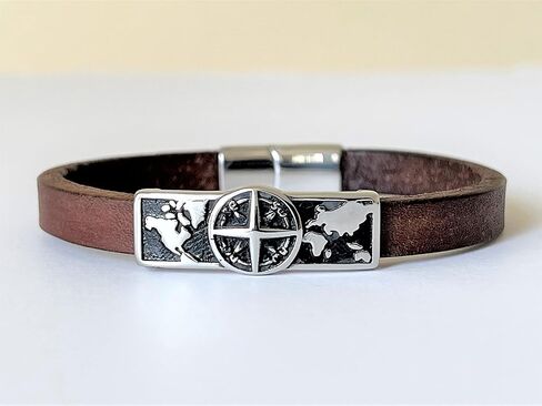 Men’s Compass Bracelet – Genuine Leather and Stainless Steel Bracelet with Secure Magnetic Clasp, Adventure and Travel Symbol Gift for Him or Her, Anniversary or Graduation Gift in Saudi Arabia