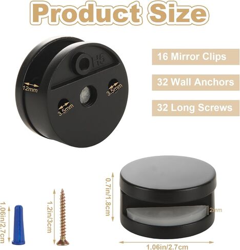 16 Pack Matte Black Frameless Mirror Mounting Clips - Heavy Duty Dual-Screw Mirror Brackets for 1/8" to 3/16" Thick Glass - Round Zinc Alloy Wall Mount Kit for Bathroom, Bedroom & Home Gym Mirrors in Kuwait