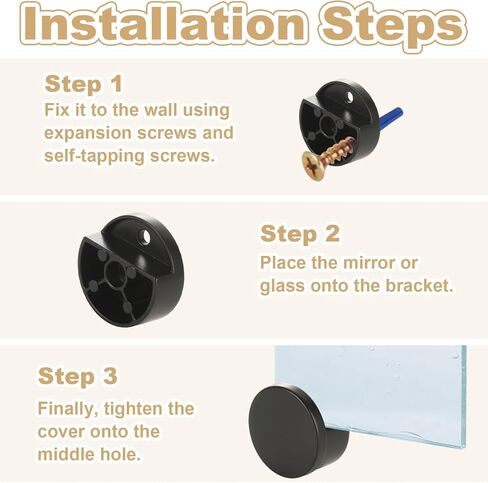 16 Pack Matte Black Frameless Mirror Mounting Clips - Heavy Duty Dual-Screw Mirror Brackets for 1/8" to 3/16" Thick Glass - Round Zinc Alloy Wall Mount Kit for Bathroom, Bedroom & Home Gym Mirrors in Kuwait