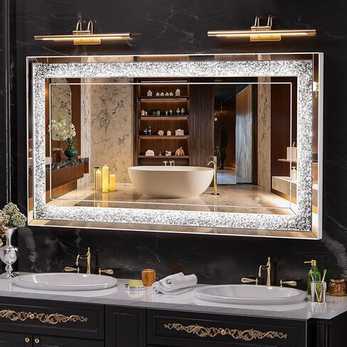 47" x 26" LED Diamond Wall Mirror with Dimming & Anti-Fog, Large Crystal Decorative Mirror for Bathroom, Bedroom, Living Room, Vertical or Horizontal Wall Mount in Kuwait