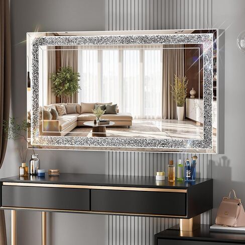 47" x 26" LED Diamond Wall Mirror with Dimming & Anti-Fog, Large Crystal Decorative Mirror for Bathroom, Bedroom, Living Room, Vertical or Horizontal Wall Mount in Kuwait