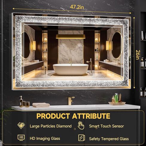 47" x 26" LED Diamond Wall Mirror with Dimming & Anti-Fog, Large Crystal Decorative Mirror for Bathroom, Bedroom, Living Room, Vertical or Horizontal Wall Mount in Kuwait
