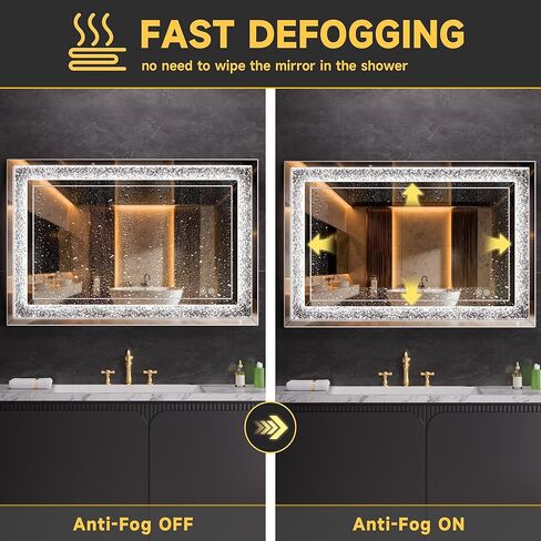 47" x 26" LED Diamond Wall Mirror with Dimming & Anti-Fog, Large Crystal Decorative Mirror for Bathroom, Bedroom, Living Room, Vertical or Horizontal Wall Mount in Kuwait